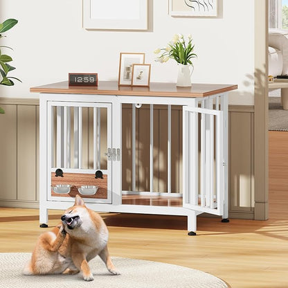 YITAHOME 33" Foldable Dog Crate Furniture, Portable Wooden Kennel End Table with Adjustable Feet & 360° Rotatable Bowls, Perfect for Small to Medium Dogs, Brown