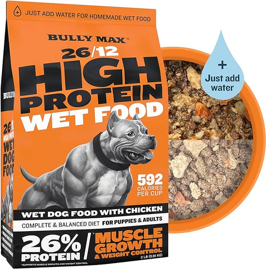 Bully Max Wet Dog Food - Instant Fresh Dehydrated High Protein Soft Puppy & Adult Dog Food with Chicken - Healthy Muscle Growth for Small & Large Breeds - 2 Dry Pounds (Makes 5.5 lbs. of Wet Food)
