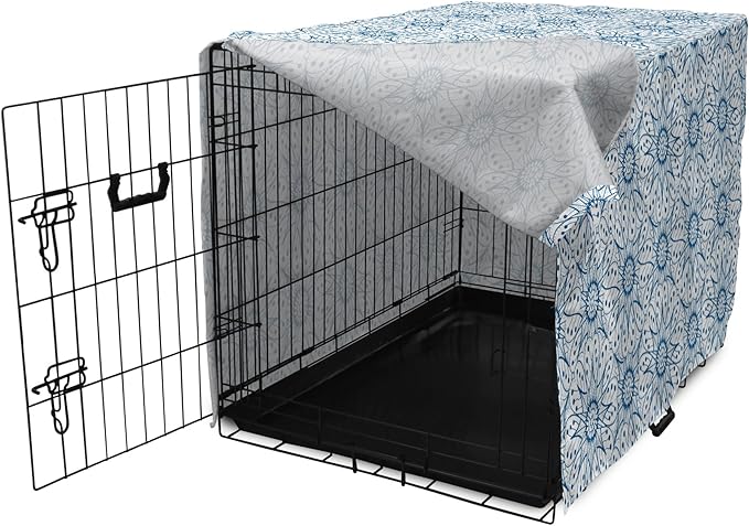 Ambesonne Blue and White Dog Crate Cover, Dutch Tile Design with Large Flowers and Detailed Petals Antique Ethnic, Easy to Use Pet Kennel Cover for Medium Large Dogs, 42 Inch, White Blue