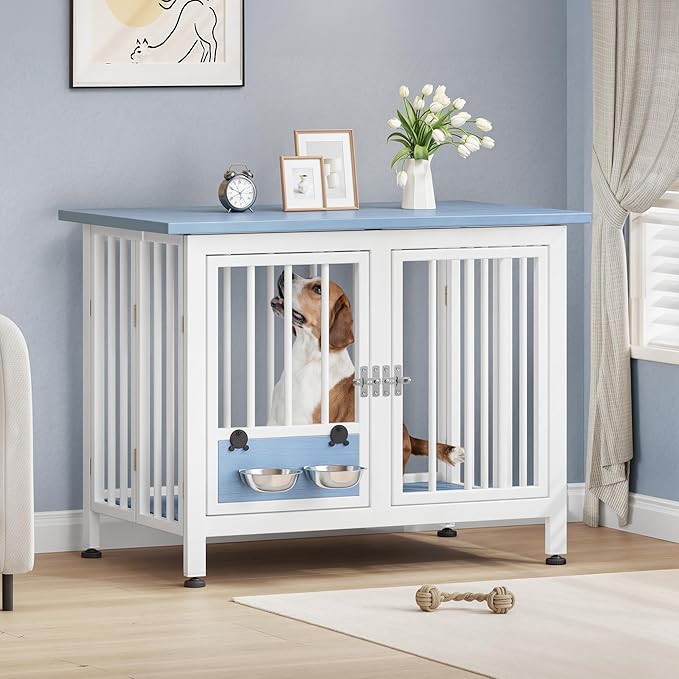 YITAHOME 39.3" Foldable Dog Crate Furniture, Portable Wooden Kennel End Table with Adjustable Feet & 360° Rotatable Bowls, Perfect for Small to Medium Dogs, Blue