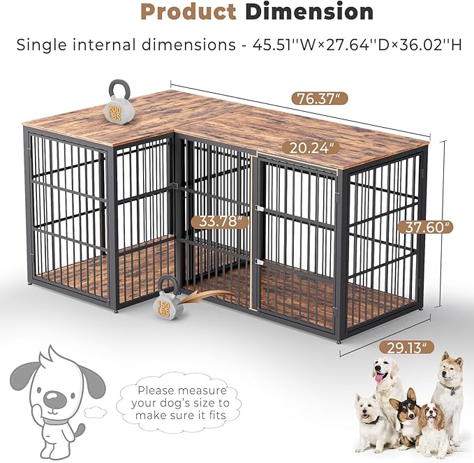 48'' L-Shaped Corner Dog Crate Furniture Large Breed with Double Rooms,Wooden Dog Crate End Table Indoor with Removable Divider for Small to Medium Dogs, Can Use Separately