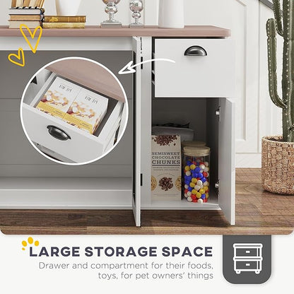 PawHut 44" Dog Crate End Table, Double Door Kennel With Storage Drawer, Indoor Furniture Style Cage for Medium Dogs, White