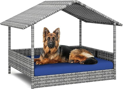 YITAHOME Large Wicker Dog House with Cushion Outdoor Indoor Rattan Doghouse Elevated Raised Dog Bed with Canopy Water Resistant Dog Cot for Small, Medium, and Large Dogs, Gray & Blue
