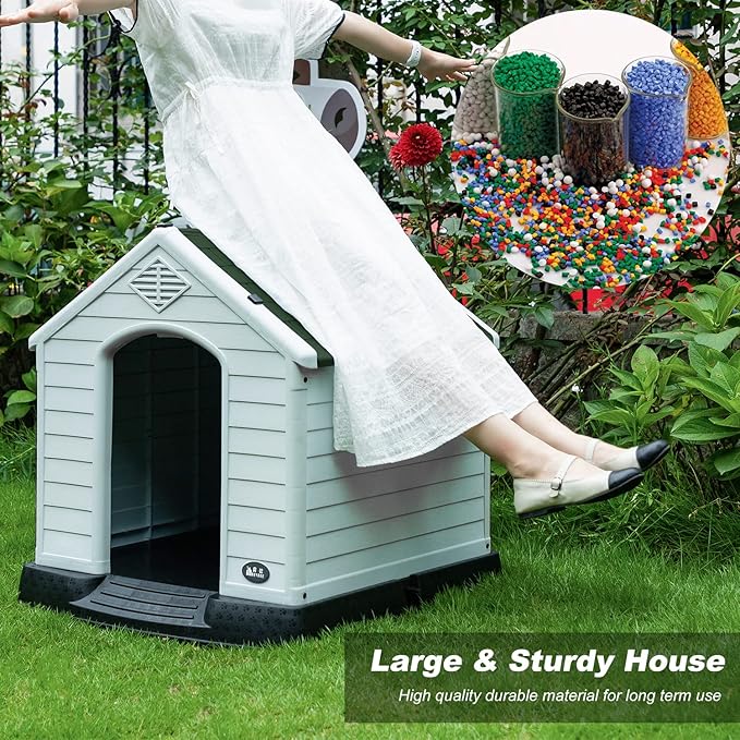 FDW Dog House Indoor Outdoor Durable Ventilate Waterproof Pet Plastic Dog House for Small Medium Large Dogs Insulated Puppy Shelter Kennel Crate with Air Vents and Elevated Floor