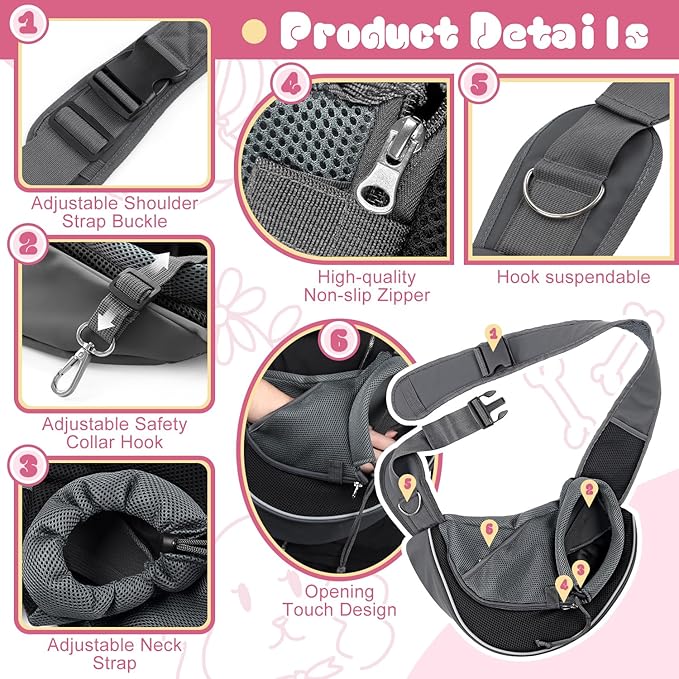 YUDODO Pet Dog Sling Carrier Mesh Hand Free Adjustable Dog Satchel Carrier Bag Papoose Crossbody for Small Medium Dog Cat Rabbit (M(up to 10 lbs), Black)