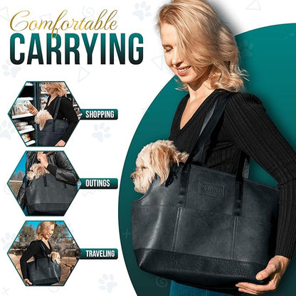 Luxury Dog Purse Carrier for Small Dogs, Faux Leather Pet Carrier Purse, Secure Harness Clip, Dog Tote Bag Carrier for Small Dogs and Puppies - Black