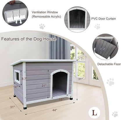 44" Wooden Large Dog Houses Outdoor Indoor, Waterproof Dog Houses Outside with Window Dog House for Small to Large Sized Dogs-Grey
