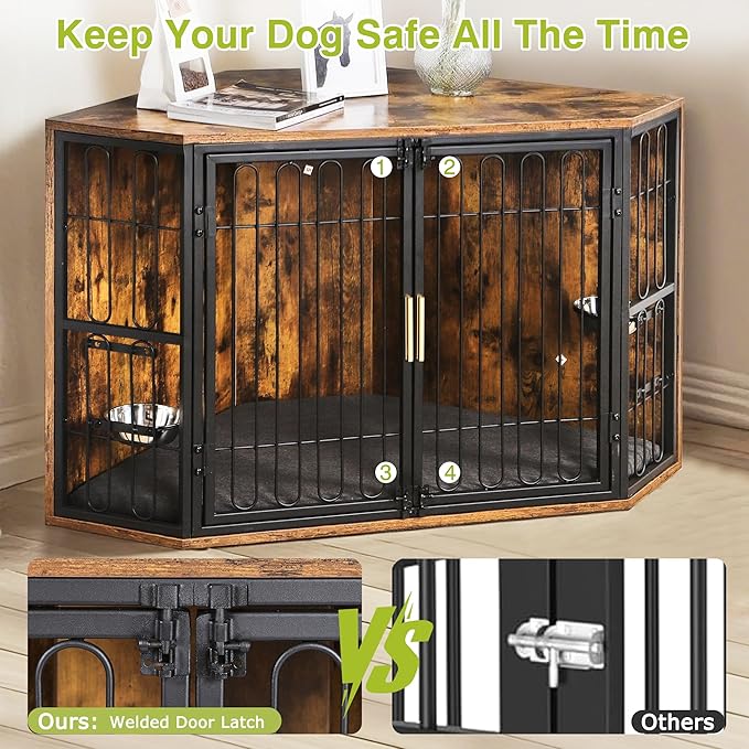VECELO Corner Dog Crate Furniture, 43.3" Indoor Dog Kennel Indoor with Cushion & 2 Removable Trays, Wooden Dog Cage Decorative Pet House End Table for Large/Medium Dogs,Brown
