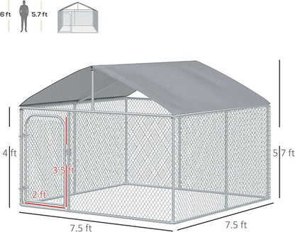 PawHut Large Dog Kennel Outside, Heavy Duty Dog Cage with Waterproof Cover, Outdoor Fence Dog Run with Galvanized Chain Link, Secure Lock, 7.5' x 7.5' x 5.6'