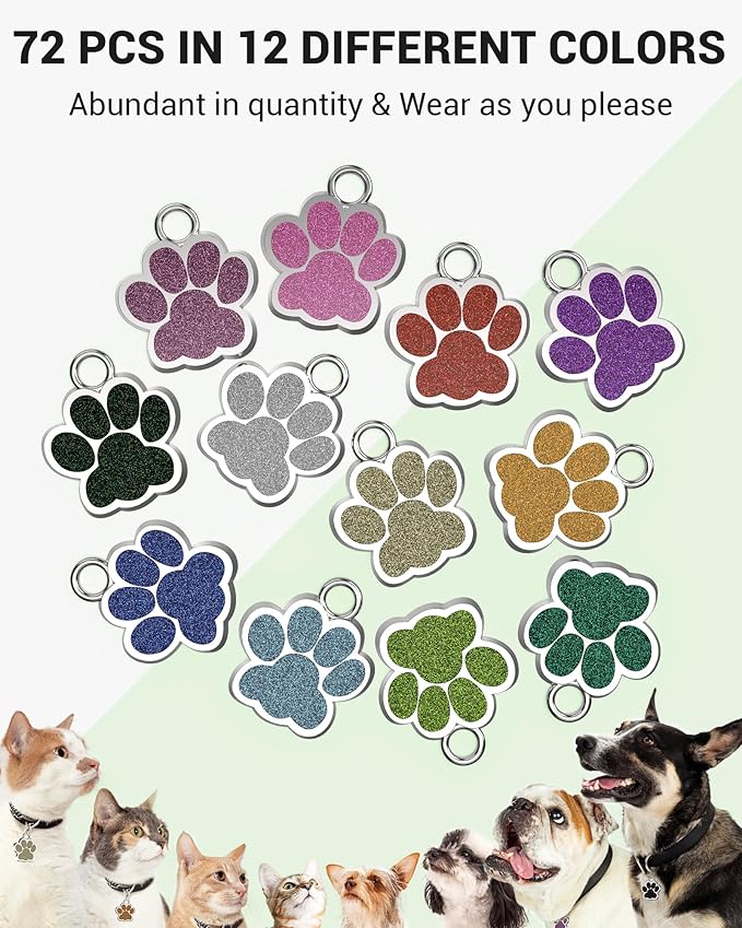 72 Pcs Dog Tags Personalized for Pets Glitter Paw Print Stainless Steel Dog Tag Cute Dog Name Tag Bulk Dog Tags Cat Tags for Wholesale （12 Colors）