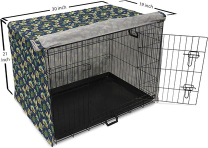 Lunarable Jacobean Dog Crate Cover, Triangles with Floral Pattern Stalks Leaves Flowers Whimsical Nature, Easy to Use Pet Kennel Cover for Cats & Medium Dogs, 30 Inch, Dark Blue Green Mustard