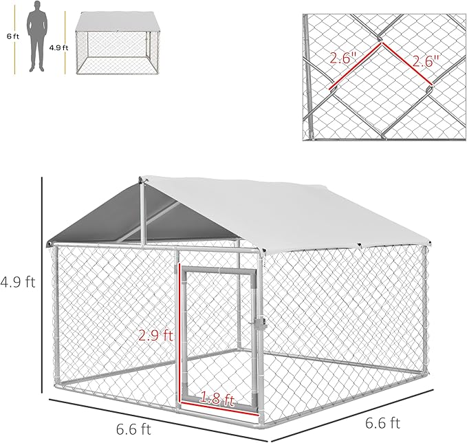 PawHut Large Dog Kennel Outside, Heavy Duty Dog Cage with Waterproof Cover, Outdoor Fence Dog Run with Galvanized Chain Link, Secure Lock, 6.6' x 6.6' x 4.9'