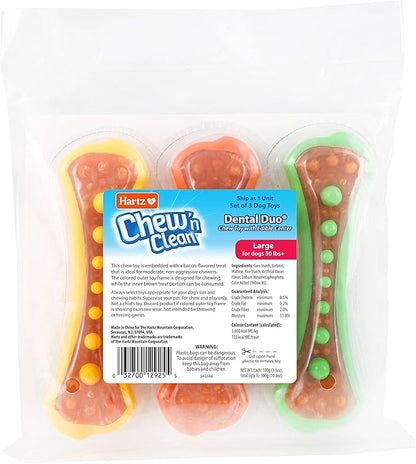 Hartz Chew 'n Clean Dental Duo Dog Treat & Chew Toy, Color Varies, Large, 3 Pack