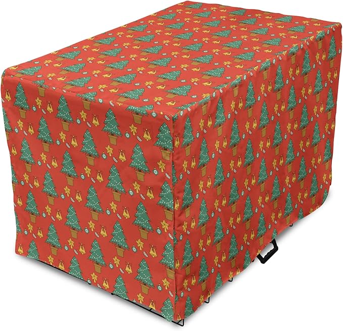 Lunarable Christmas Dog Crate Cover, Baubles Jingle Bells Pine Trees Motifs Colorful Composition Print, Easy to Use Pet Kennel Cover for Medium Large Dogs, 42 Inch, Vermilion Multicolor