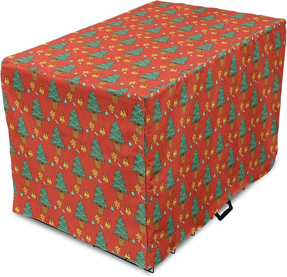 Lunarable Christmas Dog Crate Cover, Baubles Jingle Bells Pine Trees Motifs Colorful Composition Print, Easy to Use Pet Kennel Cover for Cats & Medium Dogs, 30 Inch, Vermilion Multicolor
