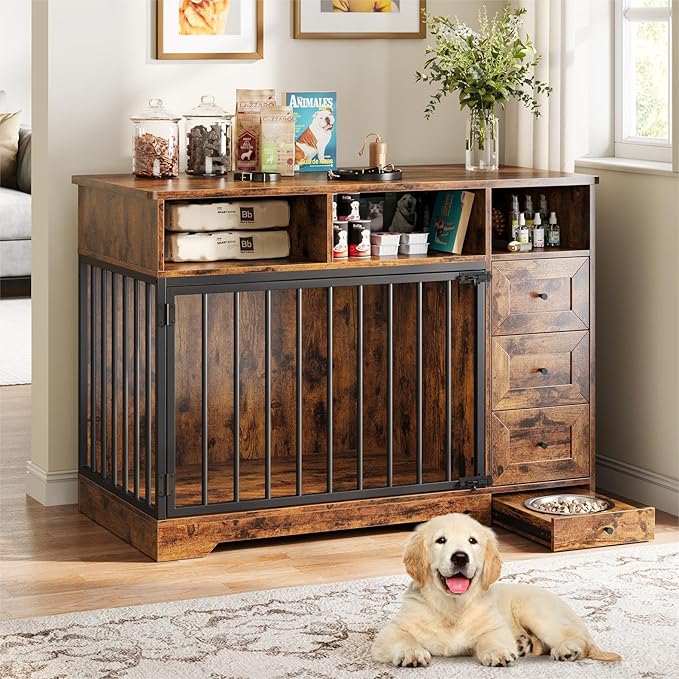 Dog Crate Furniture for Small Dogs, Wooden Dog Kennel Indoor with Storage Shelves, 3 Drawers & Hidden Bowl, Modern Pet Cage Side End Table, up to 120 lb, 48" L, Steel Lock, Retro Brown