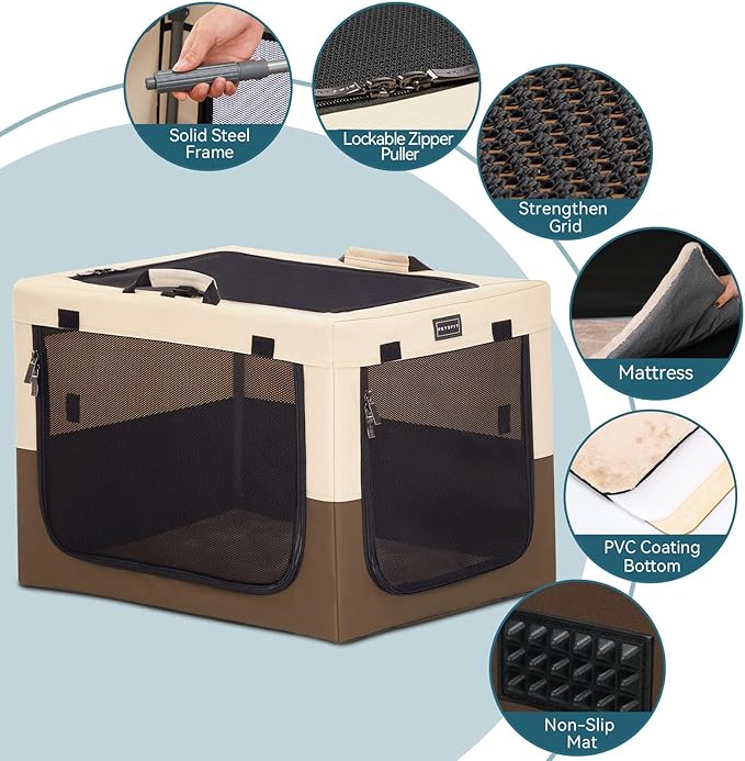 PETSFIT Soft Dog Crate, Travel Dog Crate - 36 Inch Easy Set-up, Light, Sturdy, Comfy Inside with Thicken Mat, Portable Crate for Home and Travel Brown