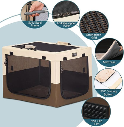PETSFIT Soft Dog Crate, Travel Dog Crate - 36 Inch Easy Set-up, Light, Sturdy, Comfy Inside with Thicken Mat, Portable Crate for Home and Travel Brown