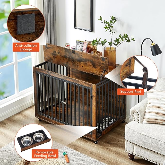 Furniture Dog Crate with Pull-Out Bowls, Wood Dog Kennel End Table with Wheels & Flip-Top, Indoor Pet House for Small to Medium Dogs/Cats, Simple Assembly Brown 43.7" W x 30" D x 33.7" H