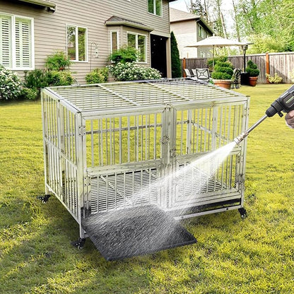 48-in Heavy Duty Dog Crate Cage Kennel with Wheels, Full Stainless Steel High Anxiety Indestructible Dog Crate, Sturdy Locks Design, Double Door Small Door Design & Removable Tray Design Silver