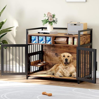 Dog Crate Furniture, 41 Inch Wooden Dog Cage with 2 Drawers, 360° & Adjustable Raised Feeder, Furniture Dog Crate for Medium-Large Dog Indoor