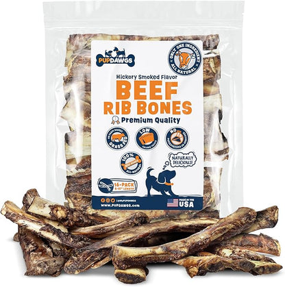 Single Ingredient Dog Bones - Made in USA – 8-10” Beef Rib Bones - Natural Dog Bones for Aggressive Chewers - from USDA Inspected Beef - Hickory Smoked - Individually Wrapped (16 Piece Pack)