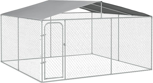 PawHut Large Dog Kennel Outside, Heavy Duty Dog Cage with Waterproof Cover, Outdoor Fence Dog Run with Galvanized Chain Link, Secure Lock, 13' x 13' x 7.5'