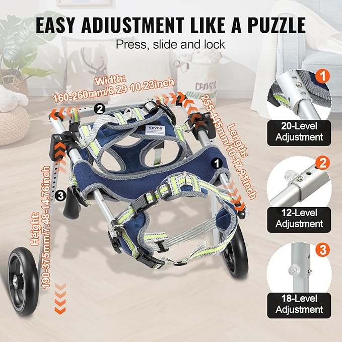 VEVOR 2 Wheels Dog Wheelchair for Back Legs, Pet Wheelchair Lightweight & Adjustable Assisting in Healing, Dog Cart/Wheelchair for Injured, Disabled, Paralysis, Hind Limb Weak Pet (X-Small)