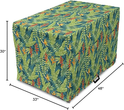 Lunarable Tropical Dog Crate Cover, Exotic Bird of Paradise Blossoms Banana and Areca Fan Palm Leaves, Easy to Use Pet Kennel Cover for Medium Large Dogs, 48 Inch, Yellow Green and Dark Teal