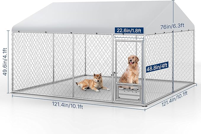 XL Outside Dog Kennel 10x10 ft - Outside Dog Kennel with Roof, Covered Kennels with with Feeding Door, Outdoor Dog Enclosure with Thickened Roof