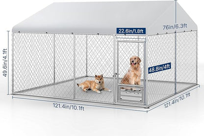 XL Outside Dog Kennel 10x10 ft - Outside Dog Kennel with Roof, Covered Kennels with with Feeding Door, Outdoor Dog Enclosure with Thickened Roof