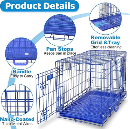 Homey Pet Dog Crates for Medium Dogs, Collapsible Small Dog Cage, Nano-Coating Metal Wire Dog Kennel Indoor with Removable Floor Grid and Tray, Double Doors Dual Locks, GOLD36+BLUE30 Bundle