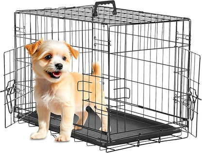HealSmart 24" Small Dog Crate with Divider, Portable Pet Kennel, Double Door Folding Metal Wire Cage with Leak-Proof Plastic Tray, Indoor, Outdoor and Travel, Black