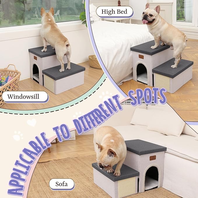 downluxe Dog Stairs for Small Dogs, Foldable Dog Steps for Bed, Sofa and Chair, Non-Slip Pet Steps with Cat Scratcher and Condo (2-Step Pet Stairs, Grey-Beige)