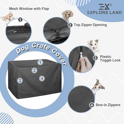Explore Land Dog Crate Cover for 42 Inches Wire Cage, Heavy-Duty Lattice Pet Kennel Enclosure Compatible with 1 2 3 Doors Standard Metal Cage (Black)
