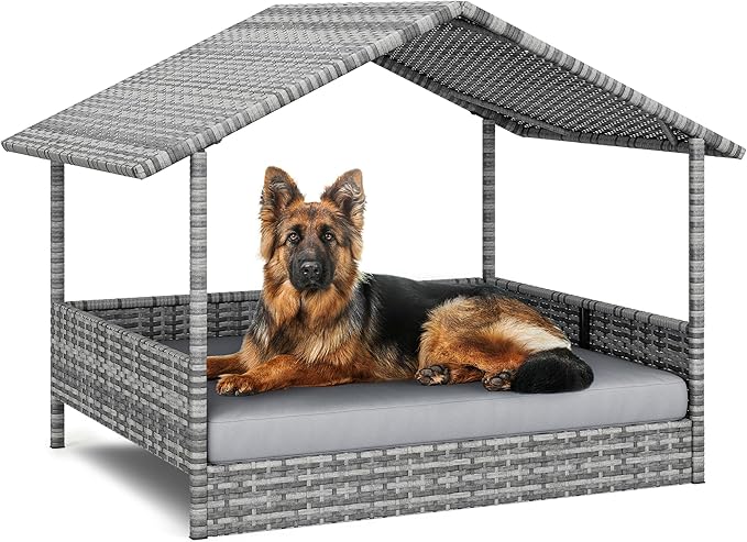 YITAHOME Large Wicker Dog House with Cushion Outdoor Indoor Rattan Doghouse Elevated Raised Dog Bed with Canopy Water Resistant Dog Cot for Small, Medium, and Large Dogs, Gray