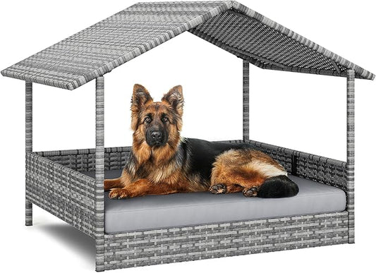 YITAHOME Large Wicker Dog House with Cushion Outdoor Indoor Rattan Doghouse Elevated Raised Dog Bed with Canopy Water Resistant Dog Cot for Small, Medium, and Large Dogs, Gray