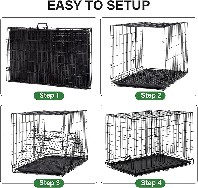 Furniture of America Yucca Metal Double Door Folding Wire Pet Crate with Divider, Removable Tray, and Handle for Outdoor and Indoor Medium Dog, 42-inch, Black
