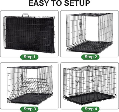 Furniture of America Yucca Metal Double Door Folding Wire Pet Crate with Divider, Removable Tray, and Handle for Outdoor and Indoor Medium Dog, 42-inch, Black