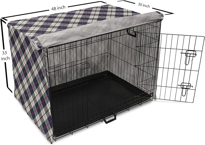 Lunarable Plaid Dog Crate Cover, Celtic Fashion Diagonal Retro Style Classical Irish Culture Inspiration, Easy to Use Pet Kennel Cover for Medium Large Dogs, 48 Inch, Night Blue Red Beige