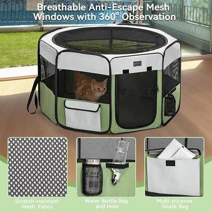 PETSFIT Portable Dog Playpen, 29" Dia Puppy Playpen with Zipper Removable Mesh Top Cover and Leakproof Playpen Bottom Mat-Cat Playpen Indoor/Outdoor for Cats,Dogs&Small Animals
