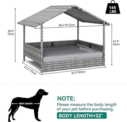 YITAHOME Large Wicker Dog House with Cushion Outdoor Indoor Rattan Doghouse Elevated Raised Dog Bed with Canopy Water Resistant Dog Cot for Small, Medium, and Large Dogs, Gray