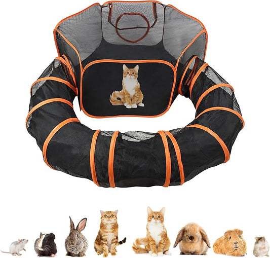 MiMu Dog Playpen Indoor Outdoor 4 Foot Cat Tent with Exercise Tunnel - Orange Pop Up Travel Playpen for Puppies, Kittens, Rabbits, Guinea Pigs, and Small Pets - Portable Enclosed Mesh Pen with Case