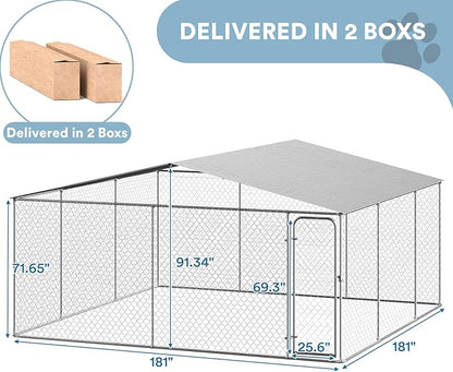 Rovibek 15'×15' Extra Large Dog Kennel Outside Dog Run Fence, Outdoor Dog Kennel with Roof, with Waterproof Sun-Proof Cover