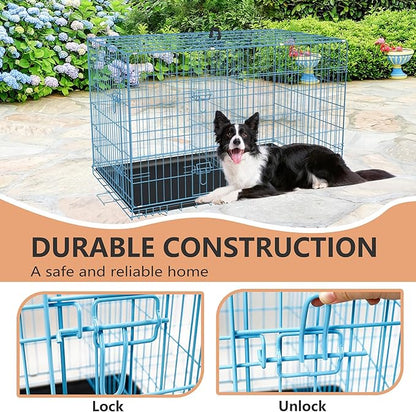 FDW XL Dog Crate Dog Kennel Cage with Double Door,42 inch Folding Metal Wire Dog Cage with Removable Tray&Divider Panel,Pet Crate for Medium Large Dogs,Blue