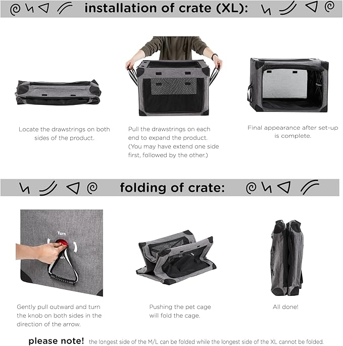 Travel Dog Crate - 37 Inch Collapsible Portable Foldable Crates for Large Dogs with Detachable Storage Bag, Removable Pad, and Mesh Windows for Outdoor & Indoor (Grey)