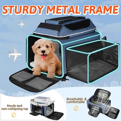 Petskd Top and Side Expandable Pet Carrier 18x13x9.5 Inches Southwest Allegiant Airline Approved, Soft-Sided Carrier for Small Cats and Dogs with Locking Safety Zippers and Anti-Scratch Mesh(Blue)