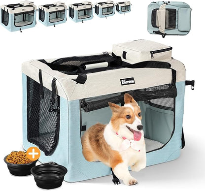 Extra Large Dog Crate with 2 Foldable Bowl, 32 Inch Collapsible Travel Dog Crate Kennel with Soft Blanket for Medium Dogs,Indoor & Outdoor (32" L x 23" W x 23" H, Blue)