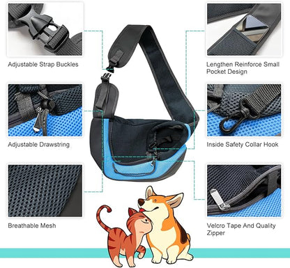 Pet Dog Sling Carrier, Up to 15lb, Breathable Mesh Adjustable Puppy Sling Carrier Hand Free for Small Dog Cat Rabbit, L, Sky Blue