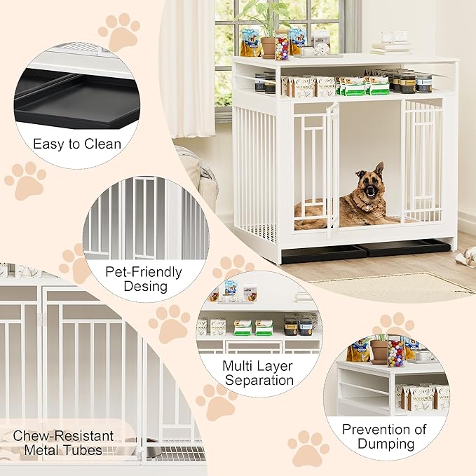 KEIKI Large Dog Crate End Table, Heavy Duty Dog Crate with Drawers, Decorative Indoor Furniture, 43.3" L x 29.5" W x 43.3" H, White